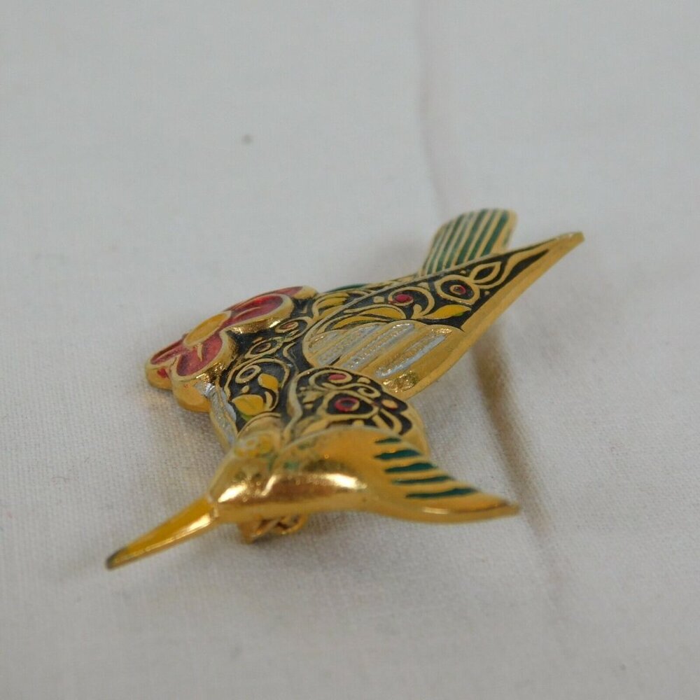 Bird Shaped Gold Tone Enamel Brooch Pin Textured Red Flower Spain 2" FLAW - Picture 4 of 8
